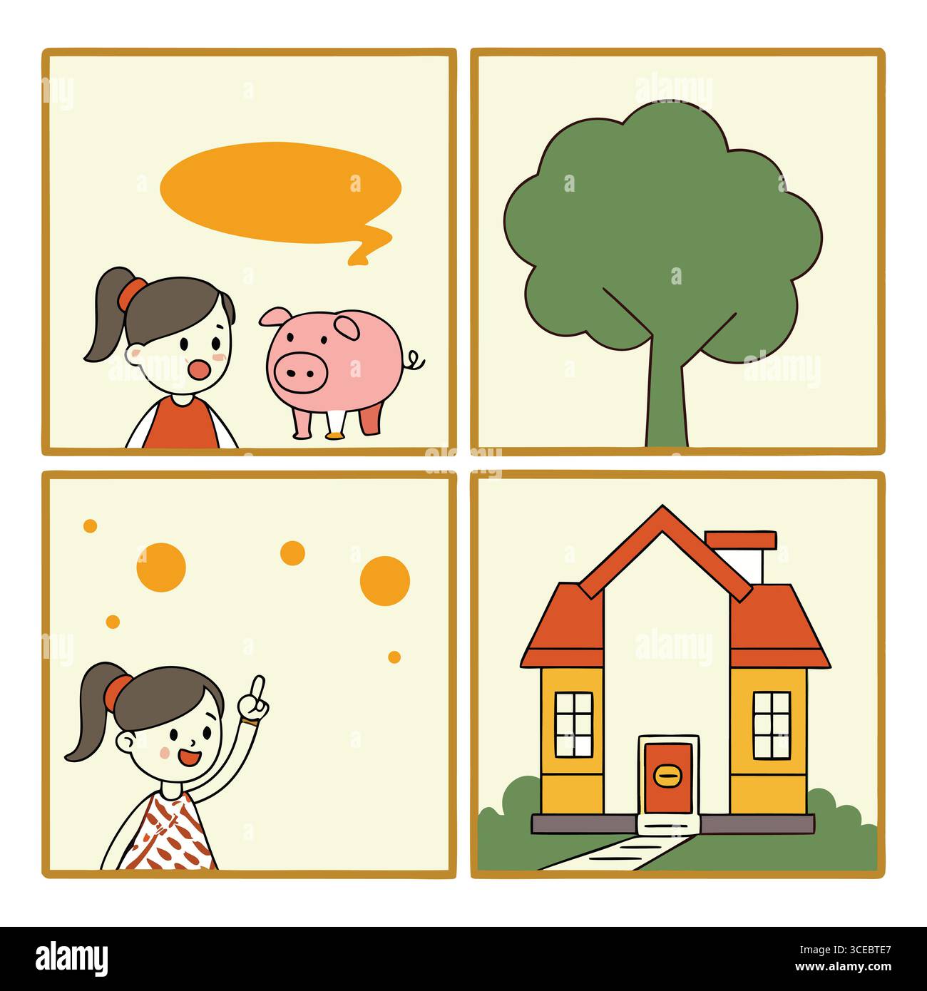 illustrazione vettoriale di una ragazza che pensa di risparmiare denaro con un salvadanaio e la sua futura casa Illustrazione Vettoriale