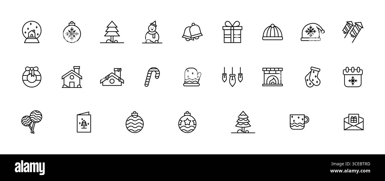Set di icone della linea natale, stagione invernale, neve, albero, ecc. festeggiamenti natalizi. Raccolta icone contorno. Illustrazione Vettoriale