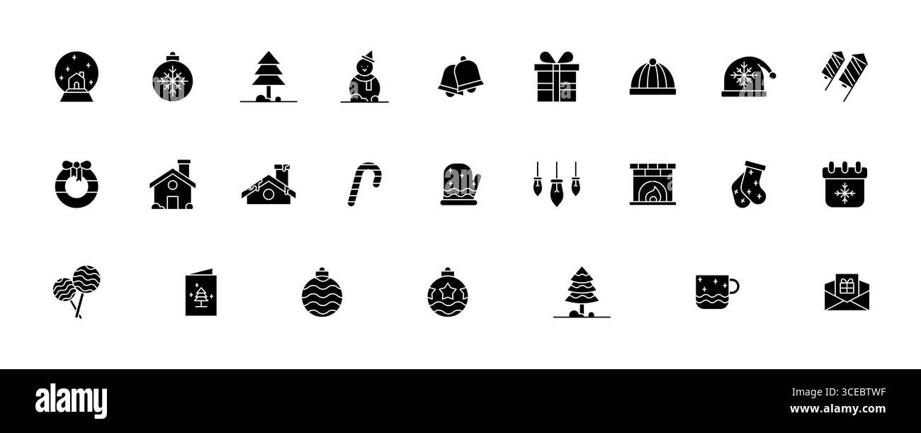 Set di icone solide per natale, stagione invernale, neve, albero, ecc. festeggiamenti natalizi. Raccolta icone glifi. Illustrazione Vettoriale