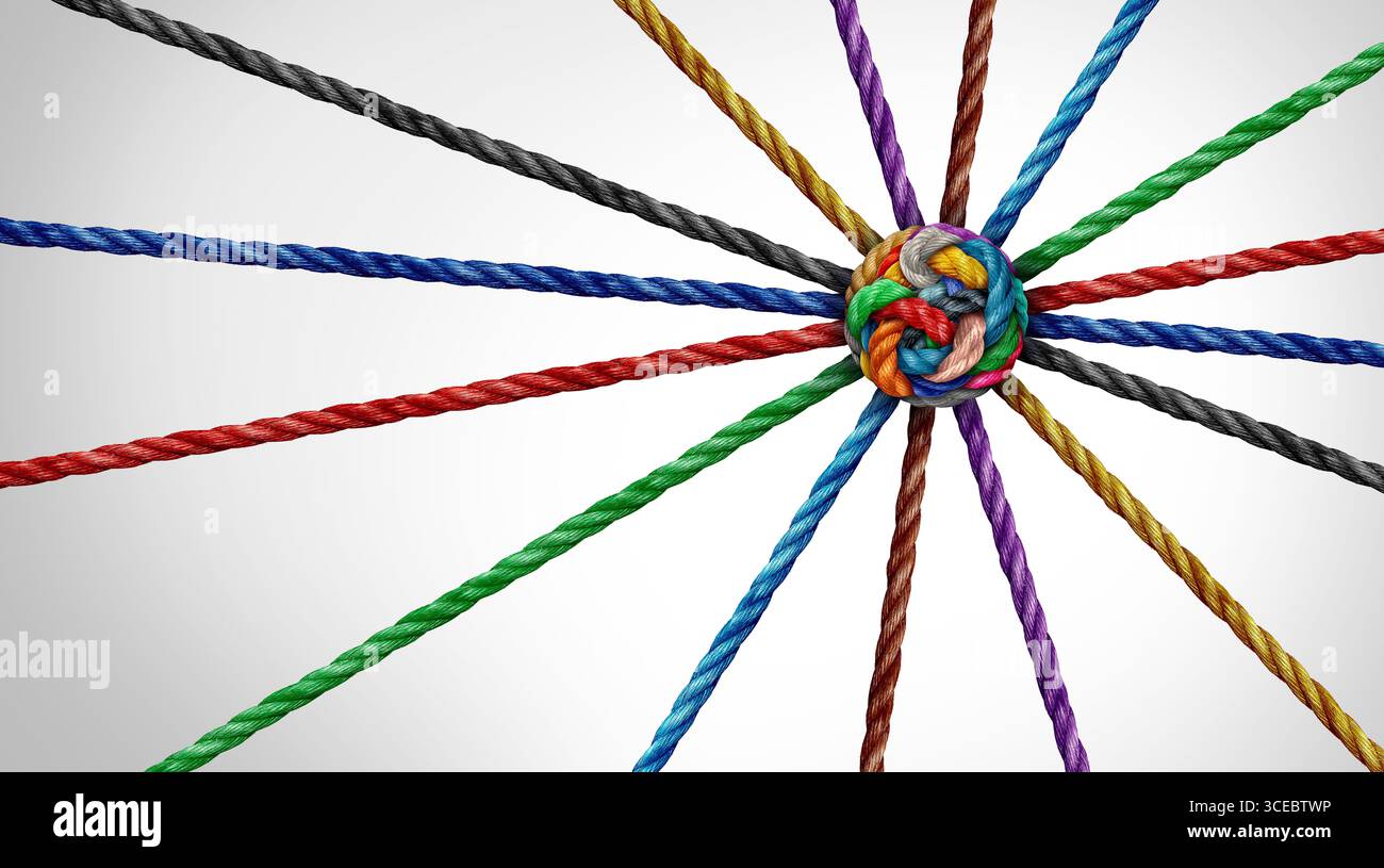 Forza in Unity come gruppo diversificato di corde che rappresentano il collegamento di squadra o la partnership di cooperazione come unione di gruppo convergente in un centro focalizzato Foto Stock