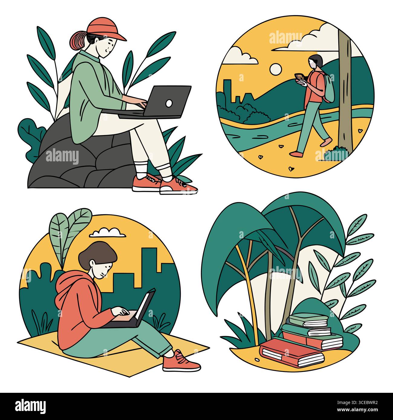 illustrazioni vettoriali di persone impegnate in attività all'aperto con tecnologia e natura Illustrazione Vettoriale