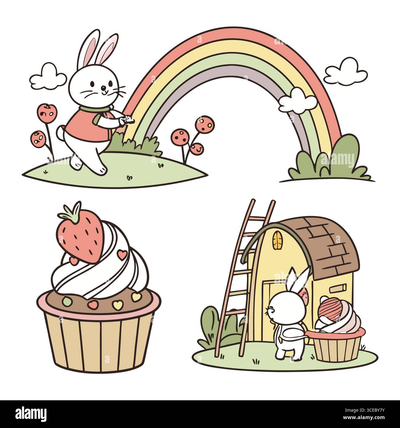 affascinante illustrazione vettoriale con un coniglietto, un arcobaleno e una deliziosa scena cupcake su una collina Illustrazione Vettoriale