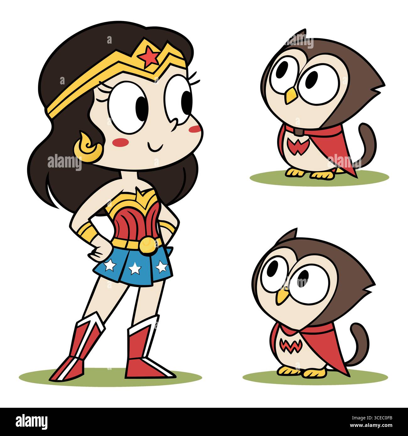 Illustrazione vettoriale di Wonder Woman con gufi carini in costumi da supereroi per disegni giocosi Illustrazione Vettoriale