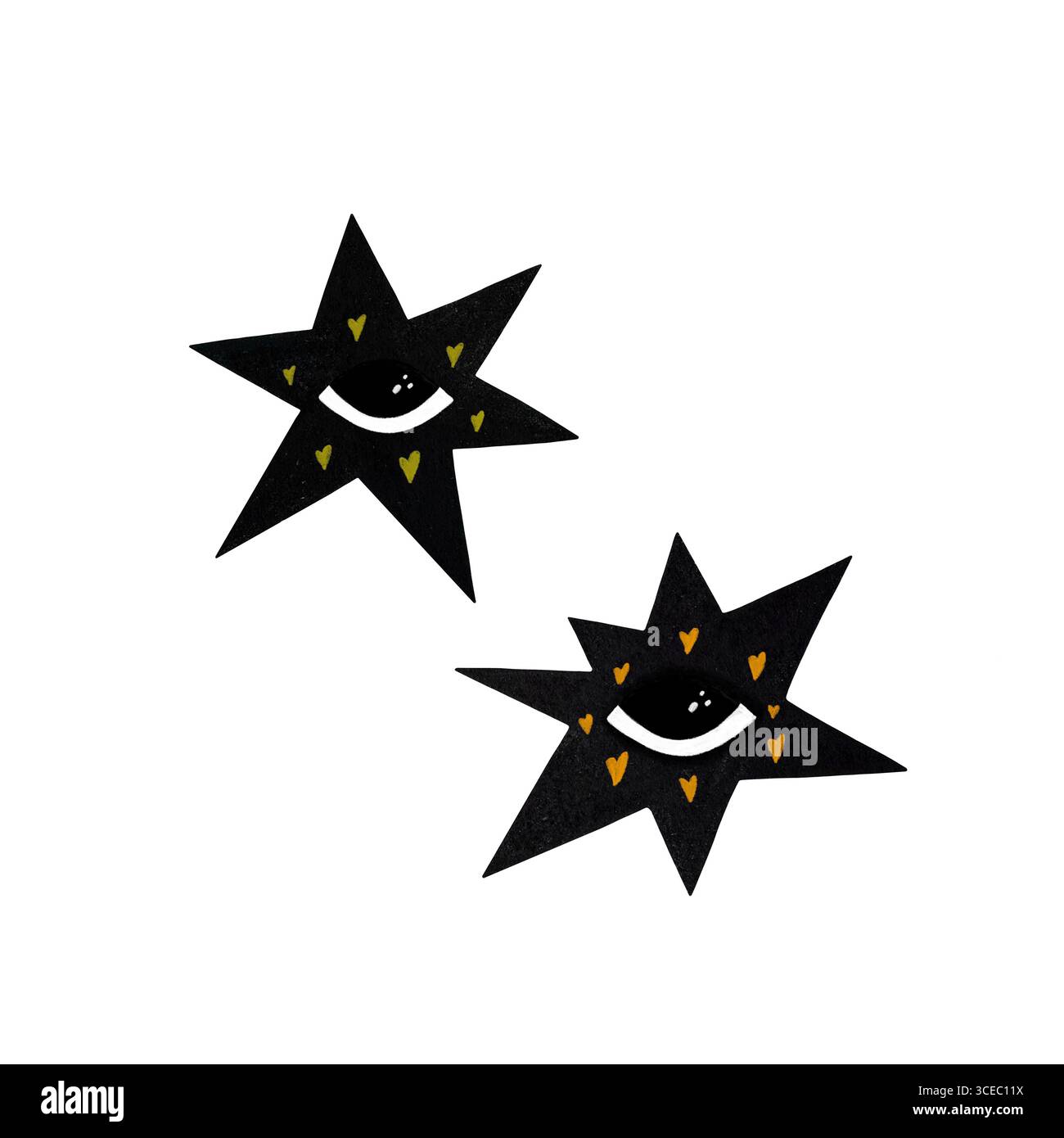 Illustrazione ad acquerello di stelle nere stilizzate con occhi e motivo a cuore su sfondo bianco. Stravagante e bizzarro, perfetto per des alternativi Foto Stock