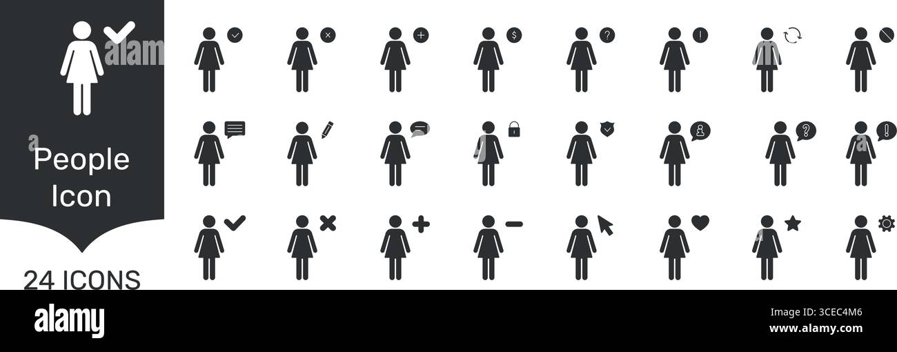 Set di icone Solid interfaccia utente femmina. Interazione utente, comunicazione e Gestione profili raccolta simboli silhouette. Simboli per la messaggistica Illustrazione Vettoriale