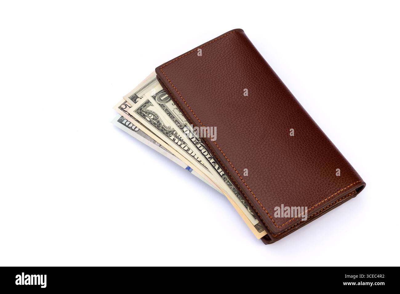 Portafoglio pieno di banconote in dollari USA su sfondo bianco Foto Stock