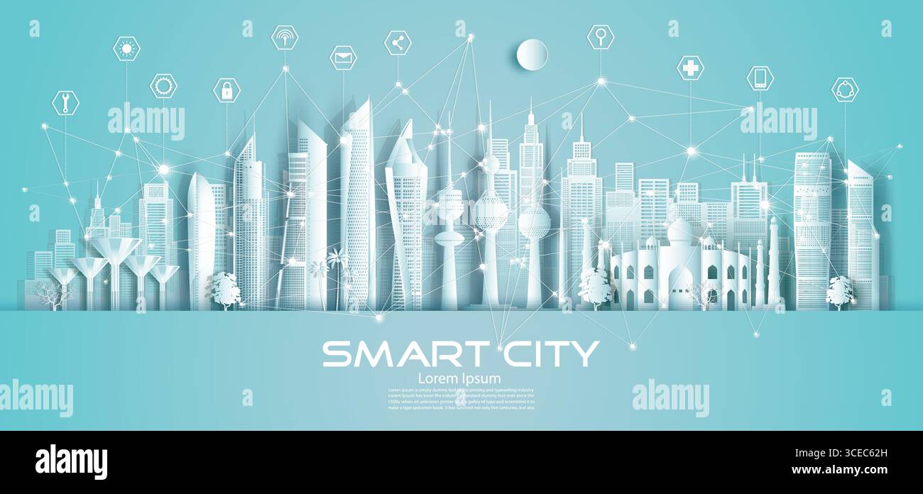 Tecnologia comunicazione di rete wireless città intelligente e icona con architettura nel grattacielo del centro del Kuwait su sfondo blu, illustrazione vettoriale Illustrazione Vettoriale