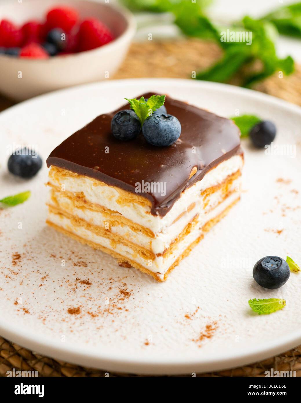 Torta a strati con crema e cioccolato e mirtilli freschi Foto Stock