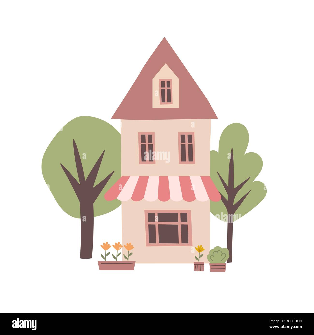 Edificio caffè centrale. Terrazza estiva, poster del ristorante. Grazioso sfondo architettonico. Illustrazione piatta vettoriale Illustrazione Vettoriale
