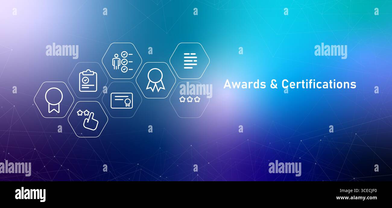 Icone immagine intestazione Web premi e certificazioni relative al concetto di certificato della barra multifunzione per risultati e riconoscimenti dei risultati aziendali Illustrazione Vettoriale