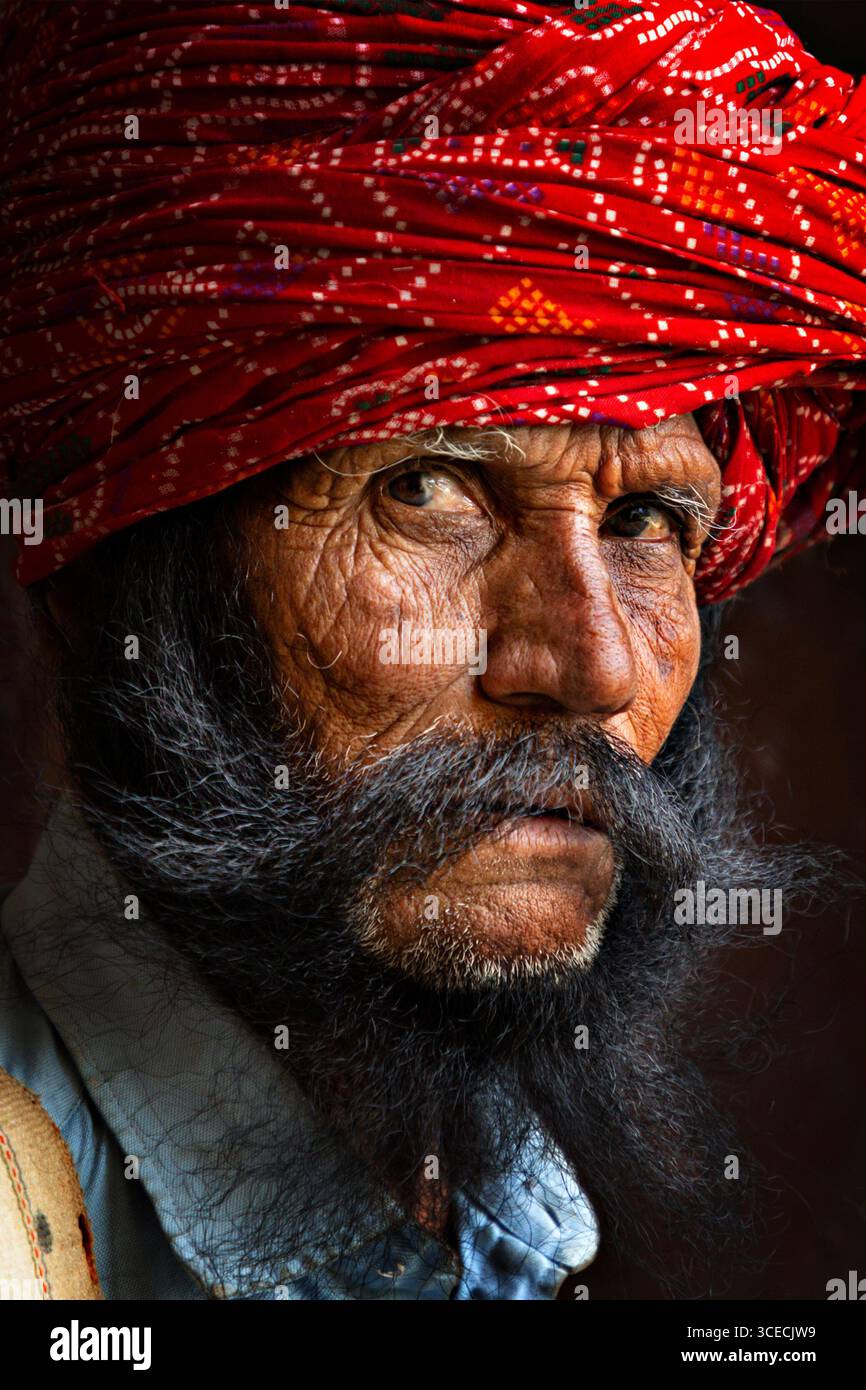 Rabari uomo in tradizionale abito da testa a Poshina, India. Foto Stock