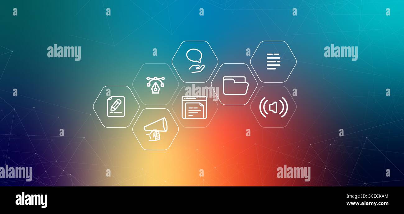 Illustrazione dell'intestazione Web della sezione Stampa o pagina Media con icone relative ai media e alle risorse per i media delle pubbliche relazioni comunicati stampa e contatti Illustrazione Vettoriale