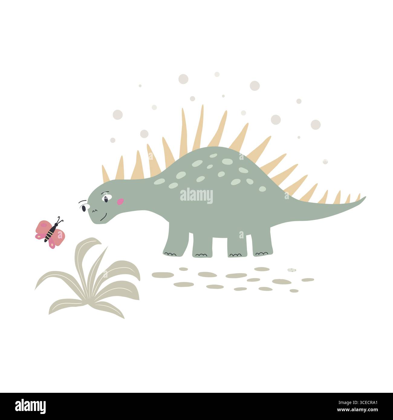 Dinosauro carino con illustrazioni vettoriali a farfalla. Personaggi dei cartoni animati isolati su sfondo bianco Illustrazione Vettoriale