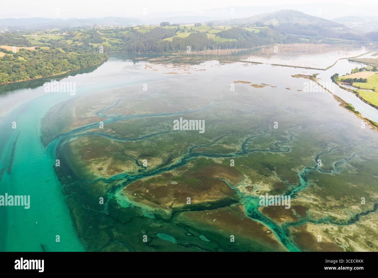 Vista aerea delle zone umide e degli intricati canali d'acqua intorno a San Vicente de la Barquera in Cantabria, Spagna, che mostrano vivaci texture e natura Foto Stock