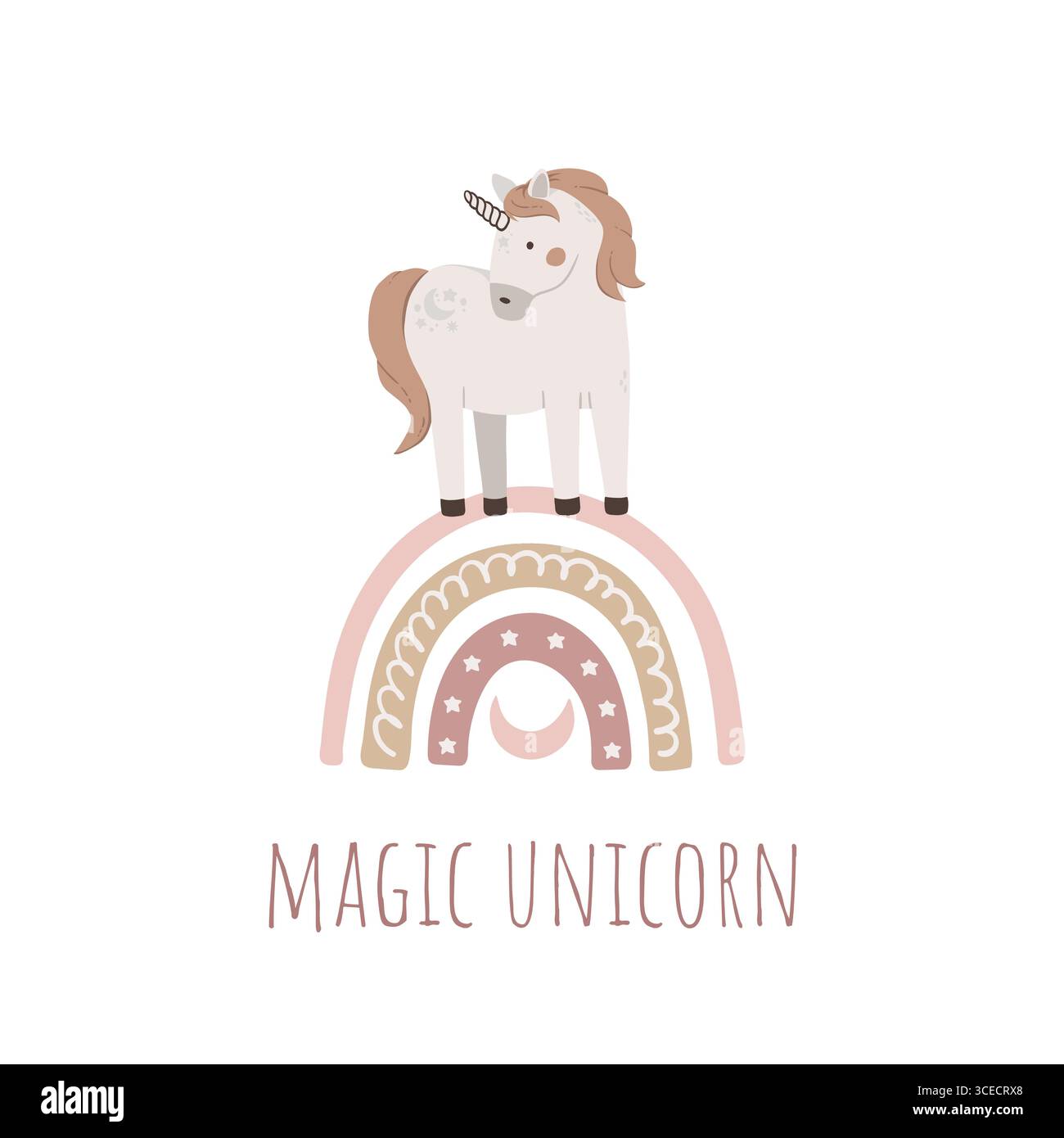 Simpatico unicorno disegnato a mano su arcobaleno isolato su sfondo bianco. Illustrazione vettoriale Magic Horn. Poster dei cartoni animati con animali da favola, invita Illustrazione Vettoriale