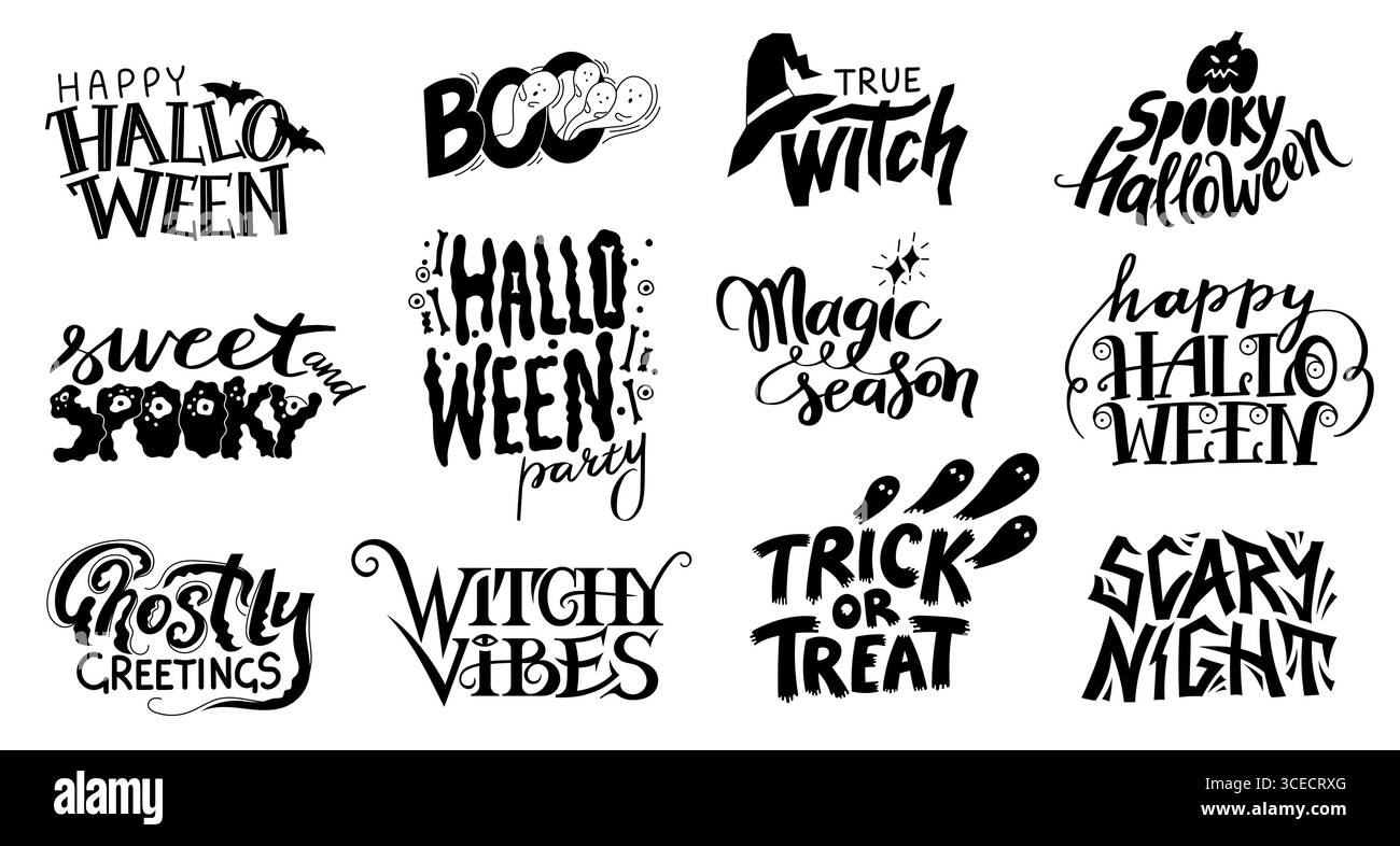 Messaggio di Halloween. Tipografia dei cartoni animati natalizi per manifesti di festa, citazioni icone calligrafiche con simboli spaventosi, lettere delle festività di ottobre Illustrazione Vettoriale