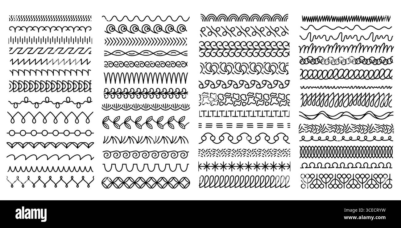 Divisori per scarabocchi disegnati a mano senza cuciture. La collezione di bordi decorativi e frecce, elementi geometrici astratti con tratto a pennello per il testo dell'invito al matrimonio Illustrazione Vettoriale
