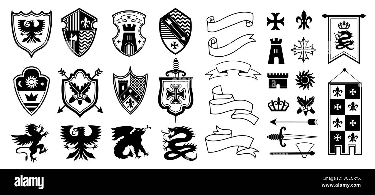 Set di emblemi dello stemma. Scudo araldico con nastro a corona e armi, logo imperiale del cavaliere con elementi di design. Insegne reali vettoriali Illustrazione Vettoriale