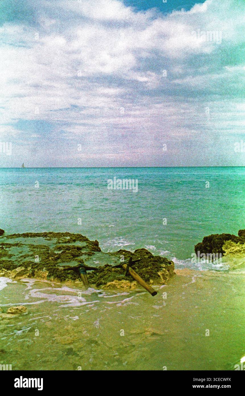 Arrampicata su una roccia sulla costa caraibica, girata su una pellicola analogica scaduta con variazioni di colore per un effetto surreale. Foto Stock