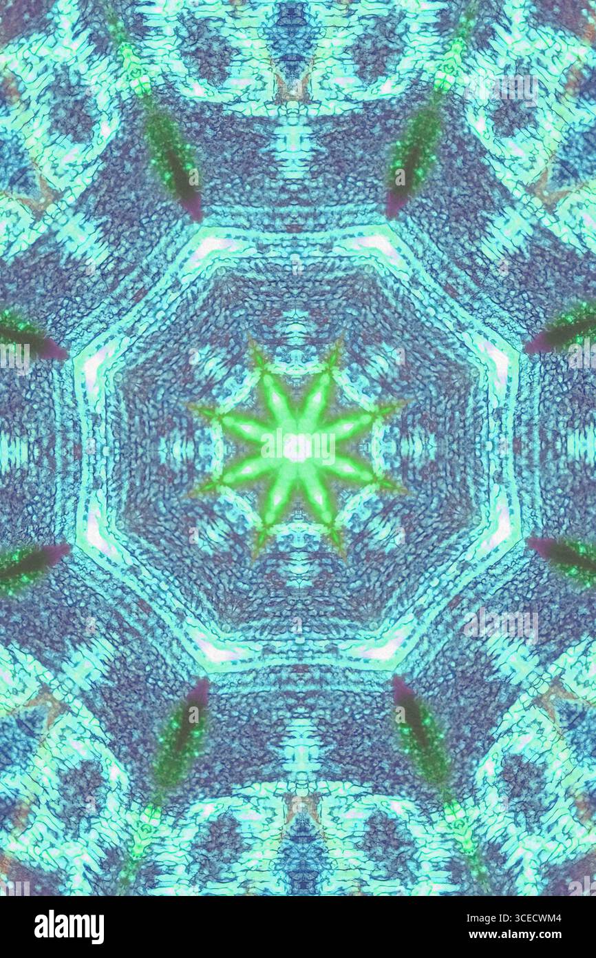Un affascinante astratto digitale con motivi geometrici caleidoscopici e vivaci luci bokeh. Questa opera d'arte visiva mette in mostra simmetria e un fut Foto Stock