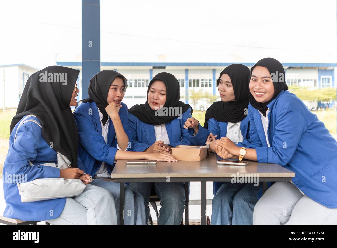 Un gruppo di studenti musulmani asiatici in velo si siede insieme a un tavolo all'aperto, impegnato in una sessione di studio collaborativa, sottolineando l'educazione e l'educazione Foto Stock