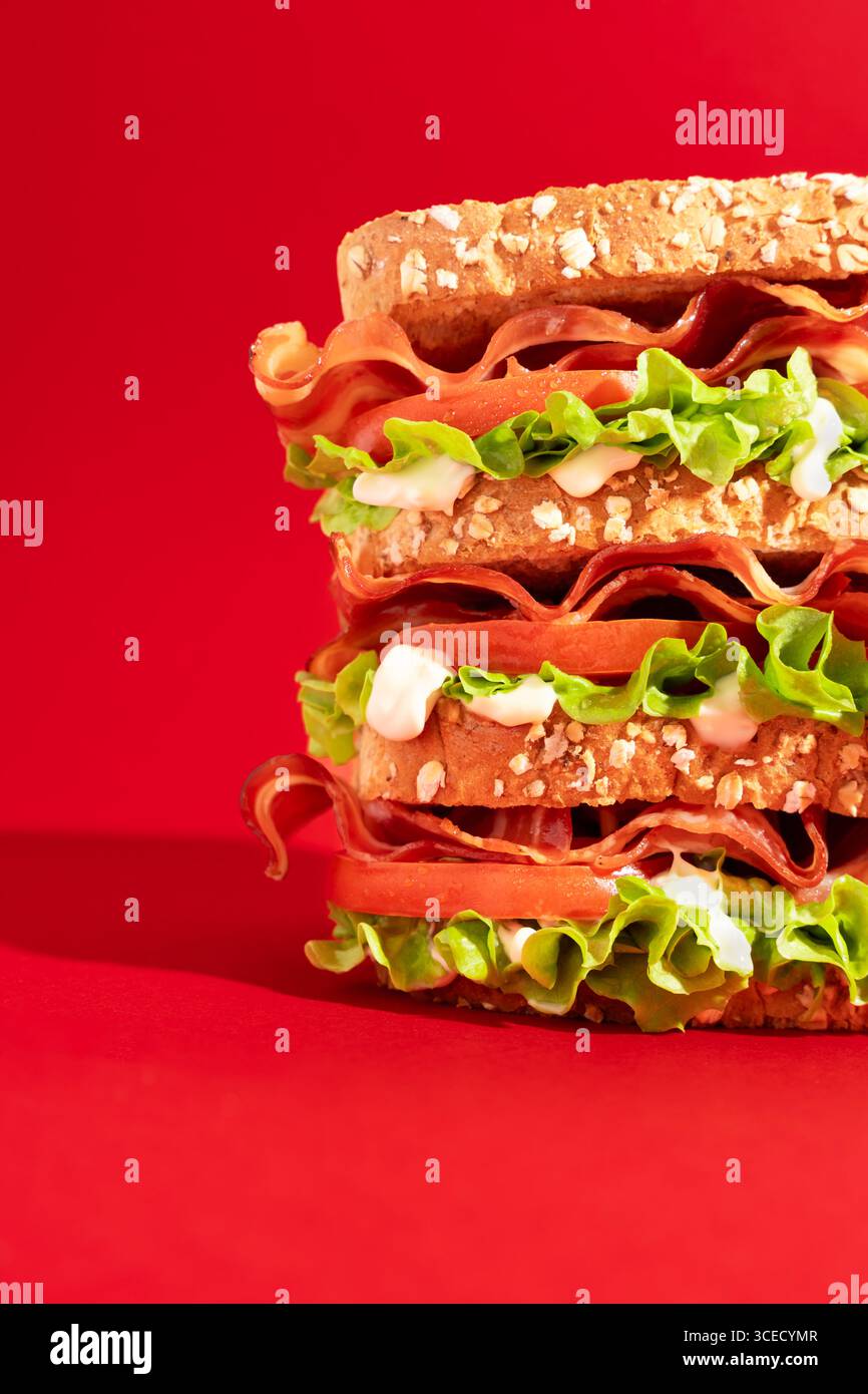 Delizioso panino a due piani con pancetta croccante, lattuga fresca e saporito maionese a strati tra fette di pane integrale, adagiato su un vibran Foto Stock