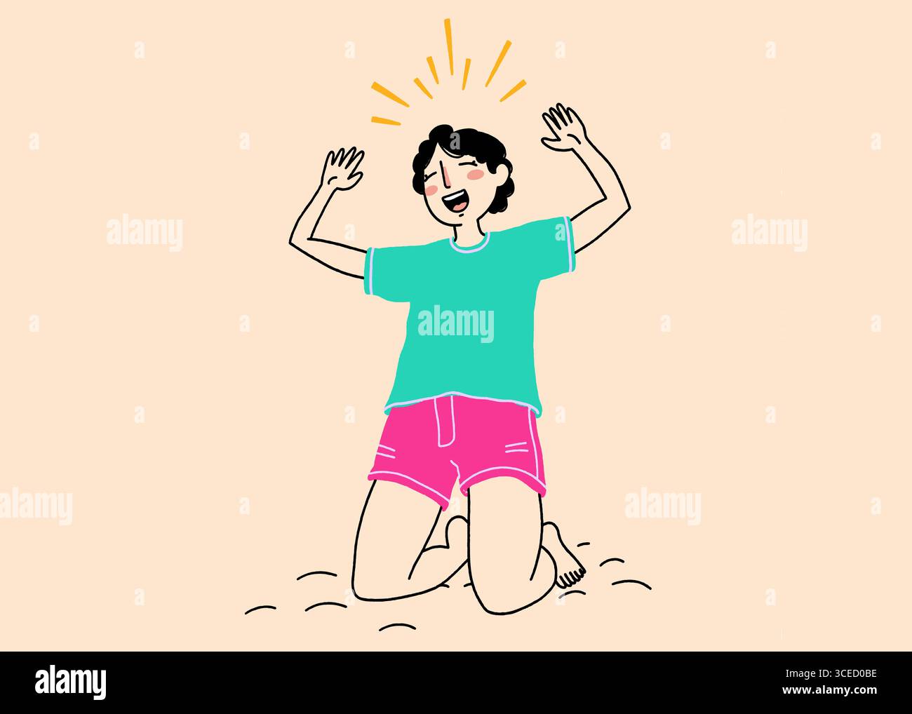 Allegra illustrazione a fumetto di una donna che festeggia con le mani alzate, indossando pantaloncini colorati e una camicia color verde acqua. Ideale per i temi della felicità e del dah Foto Stock