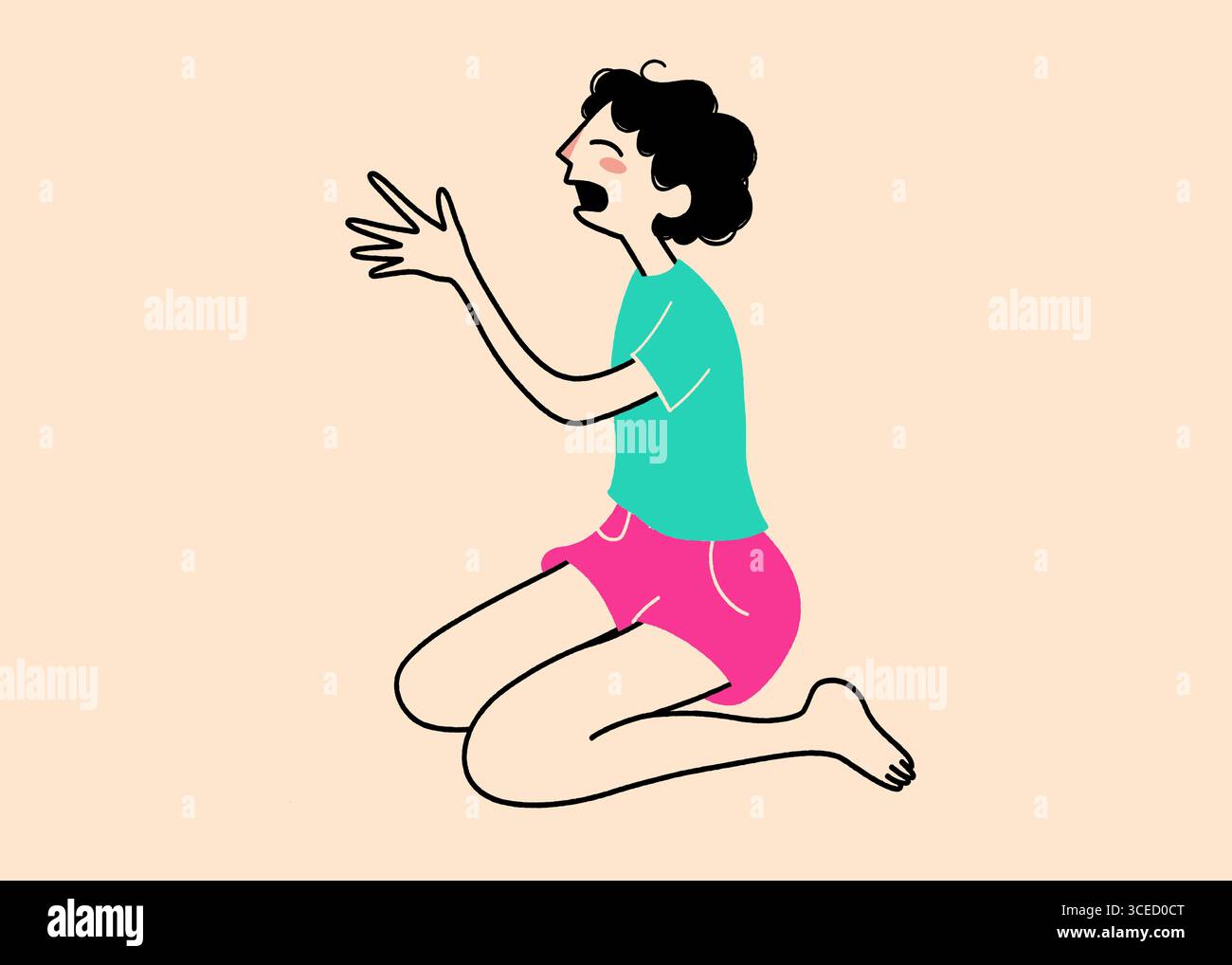 Illustrazione digitale di una donna in ginocchio, mani espressive e bocca aperta, che mostra un momento di forte emozione. Cattura l'essenza di dai Foto Stock