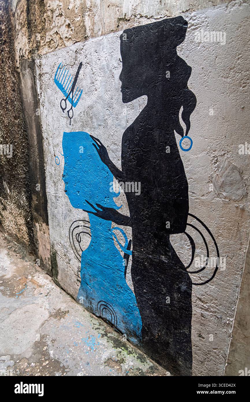 Pubblicità per parrucchieri dipinta, Lamu, Kenya Foto Stock