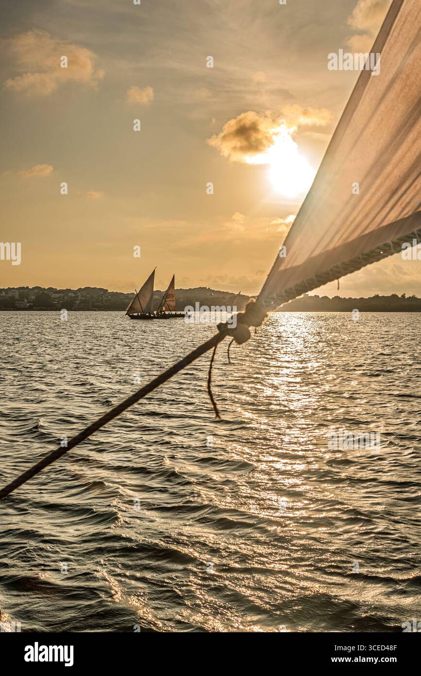Barche al largo di Shela Beach, Lamu, Kenya Foto Stock