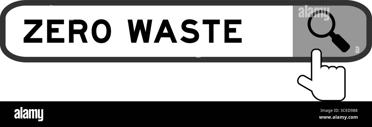 Banner di ricerca con la parola zero rifiuti con l'icona della lente di ingrandimento a mano su sfondo bianco Illustrazione Vettoriale
