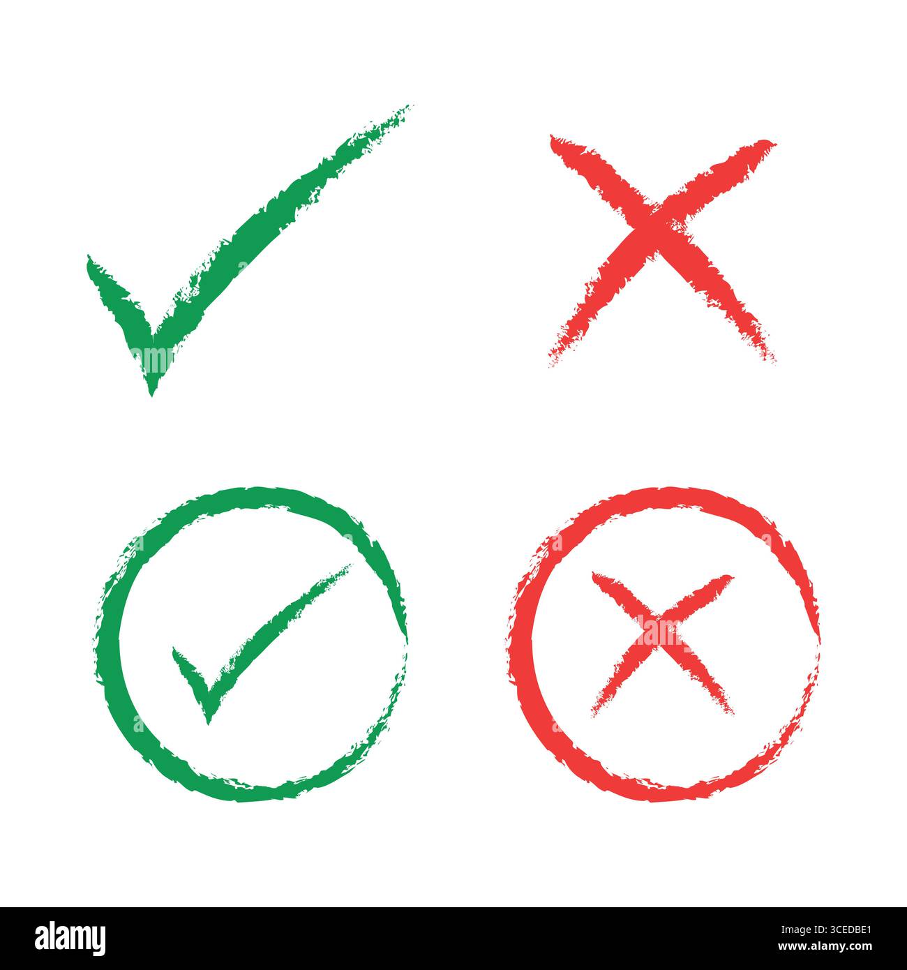 Set di icone con croce disegnata a mano e segno di spunta Illustrazione Vettoriale