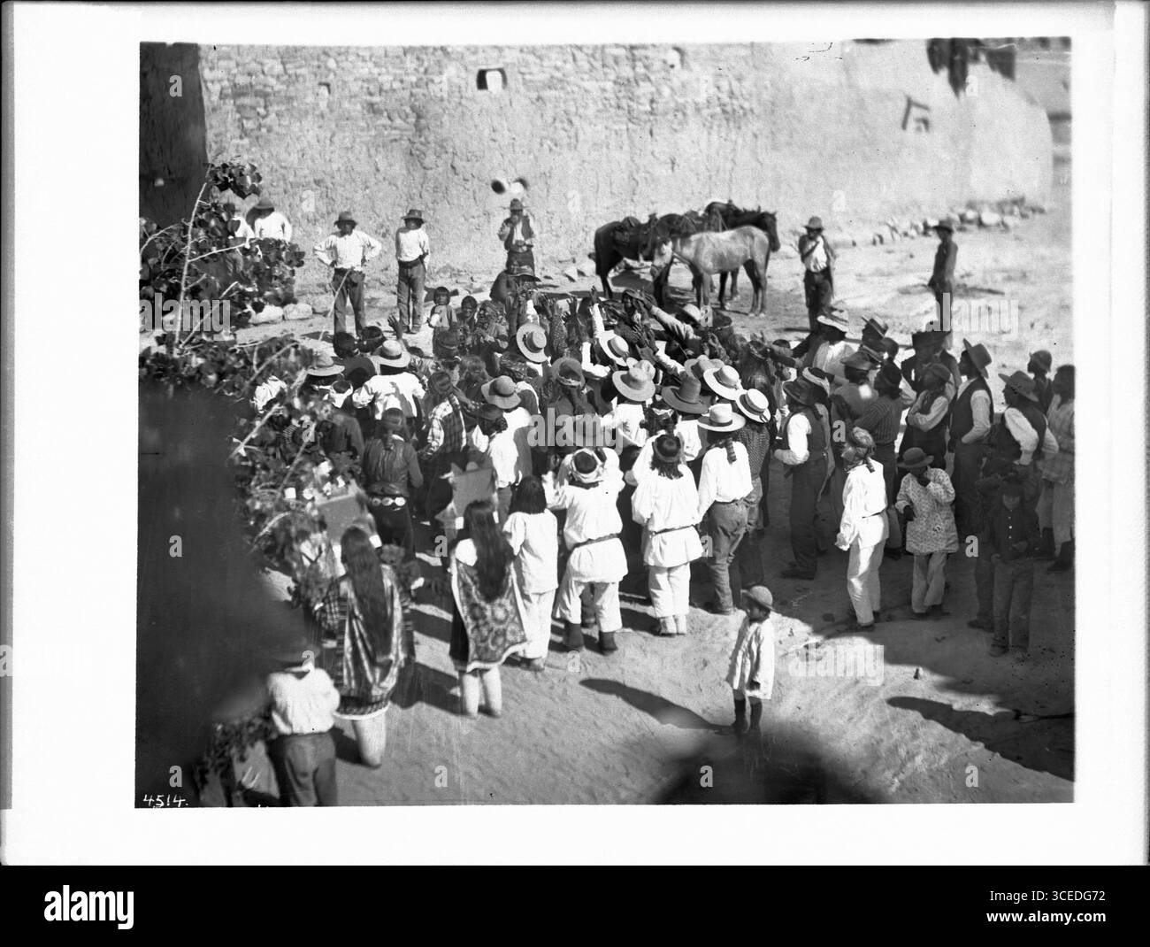 "Catching the Pane" parte della cerimonia della Fiesta de San Esteban (Santo Stefano), Acoma Pueblo, CA.1900 Fotografia della parte "Catching the Pane" della cerimonia della Fiesta de San Esteban (Santo Stefano), Acoma Pueblo, CA.1900. Una folla di più di cento persone -- per lo più uomini, ma anche alcune donne e bambini -- si trova sul terreno roccioso davanti a un edificio in adobe. Alcuni di loro allungano le braccia in avanti. Tre cavalli si alzano davanti alla folla vicino al muro dell'edificio. Un grande albero cresce a sinistra. Foto Stock