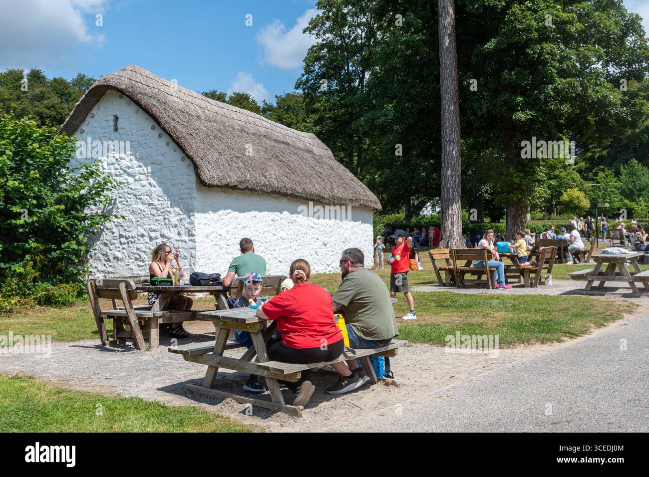 Persone che mangiano ai tavoli da picnic al St Fagans National Museum of History, un museo all'aperto nel Galles del Sud, Regno Unito, e una popolare attrazione turistica. Foto Stock