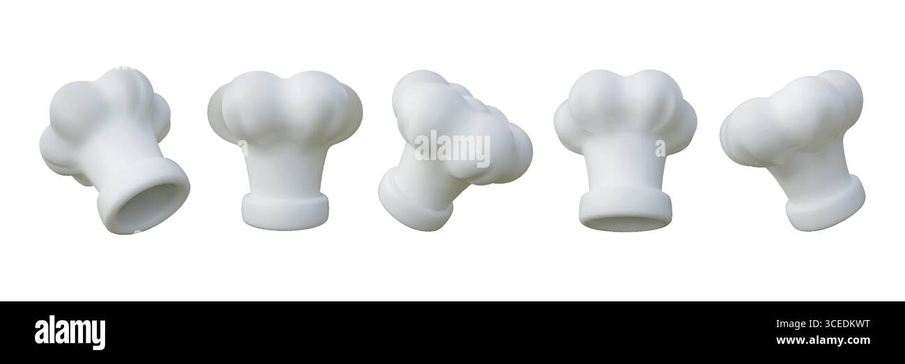 cappello chef 3d. Icona del cibo da cucina, tazza per la testa di panettiera del ristorante a fumetti o toque realistica. Accessori per utensili da cucina bianchi, diversi tipi di vista laterale. Rappresentazione vettoriale di un'illustrazione isolata lucida Illustrazione Vettoriale