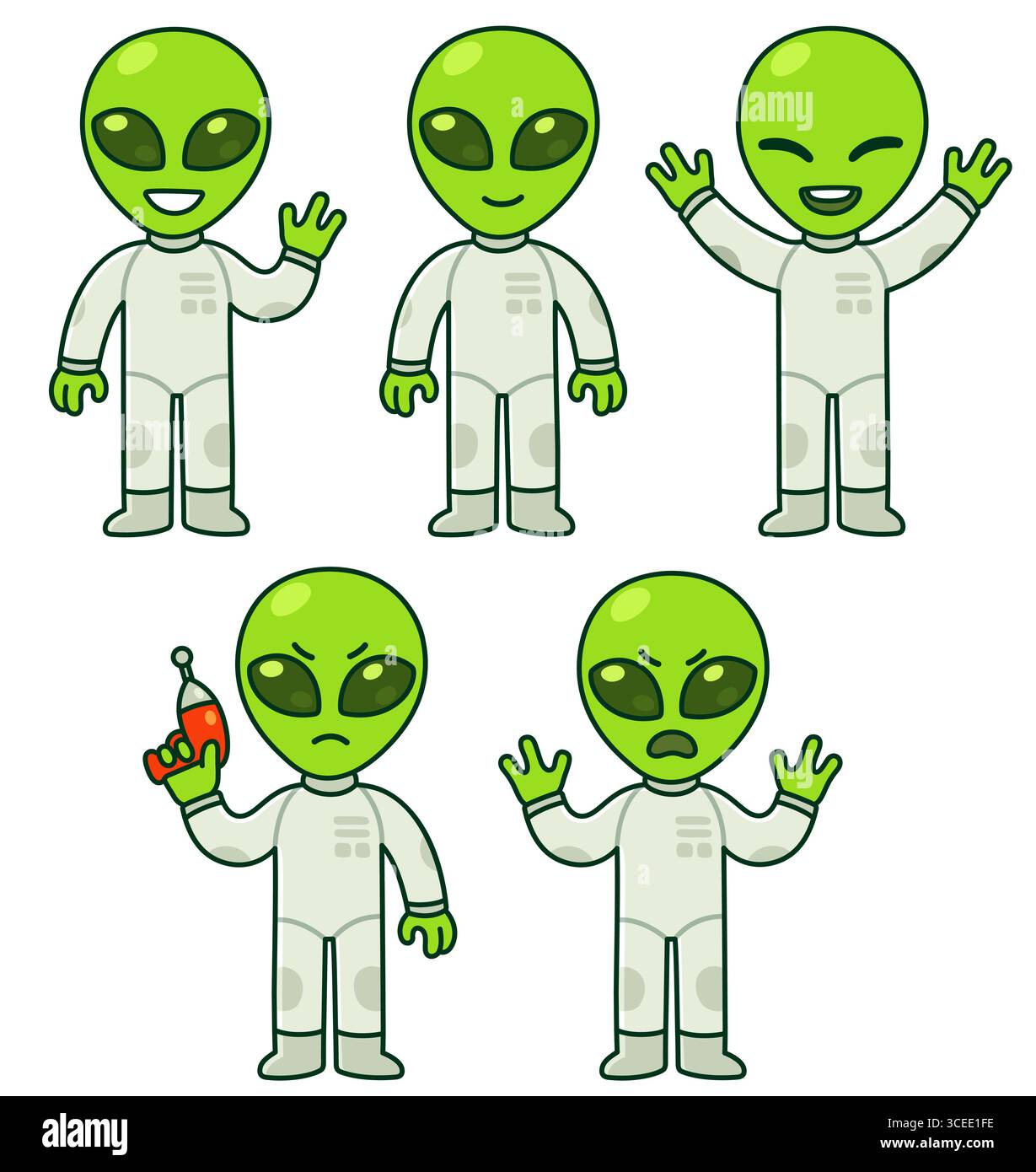 Carino set di alieni cartoni animati. Piccolo alieno verde con pose ed espressioni diverse. Illustrazione della clipart vettoriale isolata. Illustrazione Vettoriale