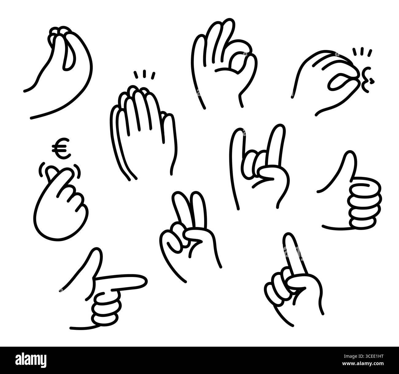 Set di gesti delle mani italiane. Semplici icone disegnate a mano. Dita pizzicate, bacio dello chef, corna, soldi. Disegni in bianco e nero, illustratore vettoriale Illustrazione Vettoriale