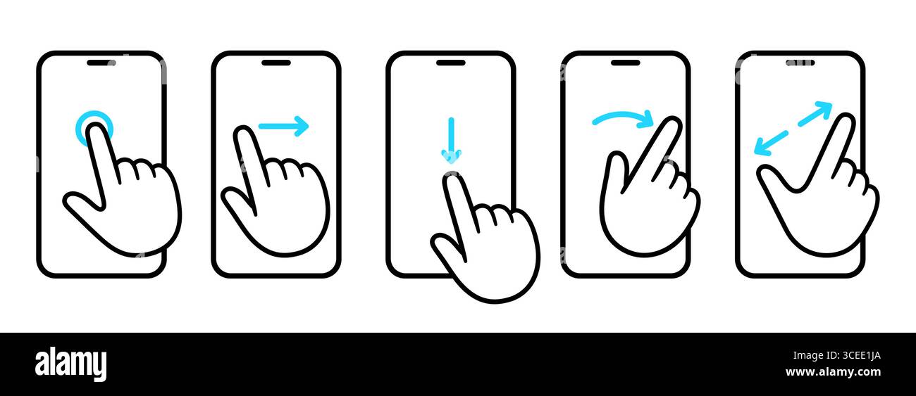 Icone dei gesti delle dita dello smartphone sullo schermo a sfioramento. Tocca, scorri, scorri, trascina, avvicina le dita per ingrandire. Set di illustrazioni vettoriali disegnate a mano. Illustrazione Vettoriale