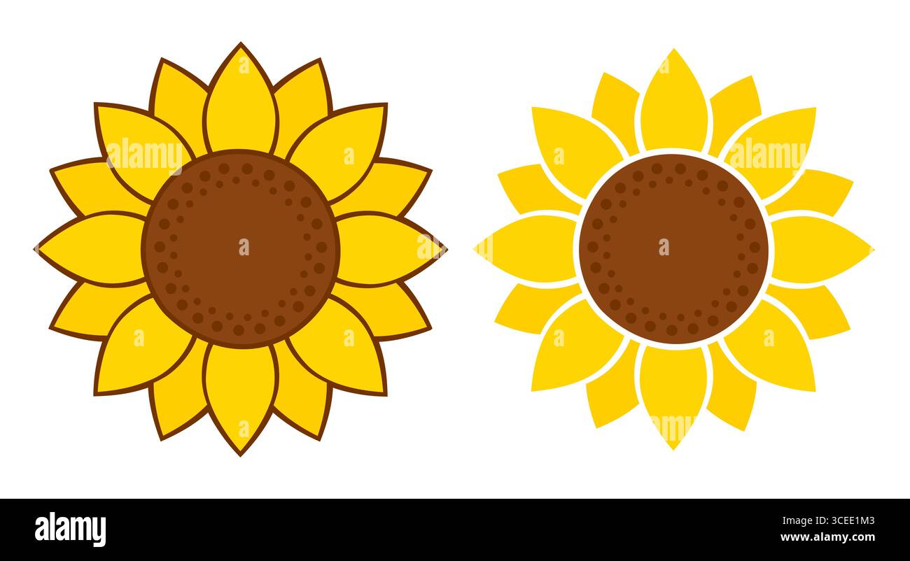 Semplice illustrazione di girasole, con contorno scuro e bianco. Grafica vettoriale per logo o icona. Illustrazione Vettoriale