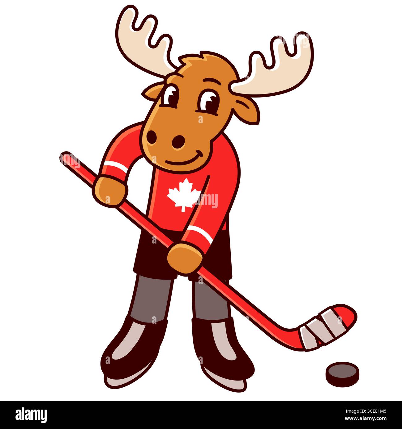 Divertente giocatore di hockey sulle alci dei cartoni animati con l'uniforme della bandiera canadese. Simbolo del Canada, illustrazione grafica a clip vettoriale. Illustrazione Vettoriale