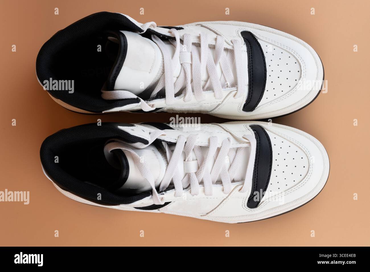 Un paio di sneaker bianche alla moda con dettagli neri si staglia su una superficie liscia e leggera, che ne mostra il design. Foto Stock