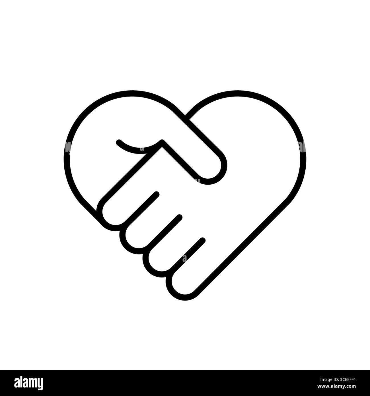 Icona della linea cardiaca della stretta di mano. Un'idea di amicizia. Simbolo di partnership, fiducia e unità. Due mani che tremano a formare una forma di cuore. Lavoro di squadra, collaborazione. Illustrazione Vettoriale