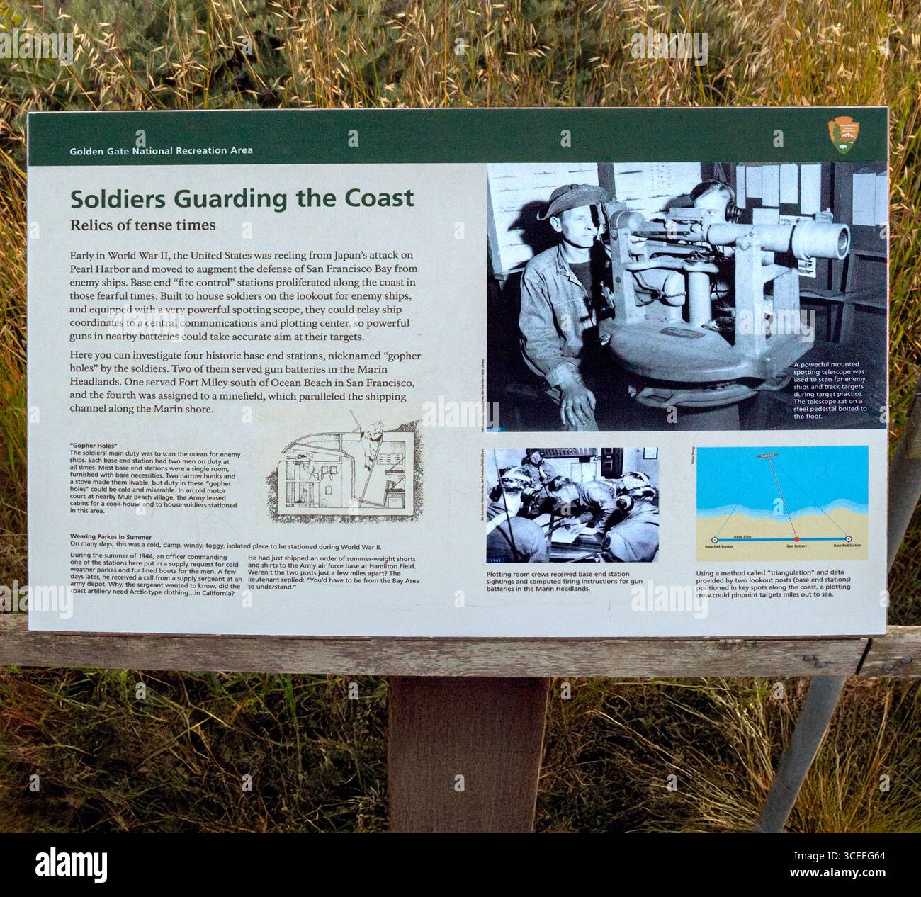 Cartello del National Park Service presso Muir Beach Overlook che interpreta le difese costiere militari statunitensi della seconda guerra mondiale degli anni '1940 nella California settentrionale. Foto Stock