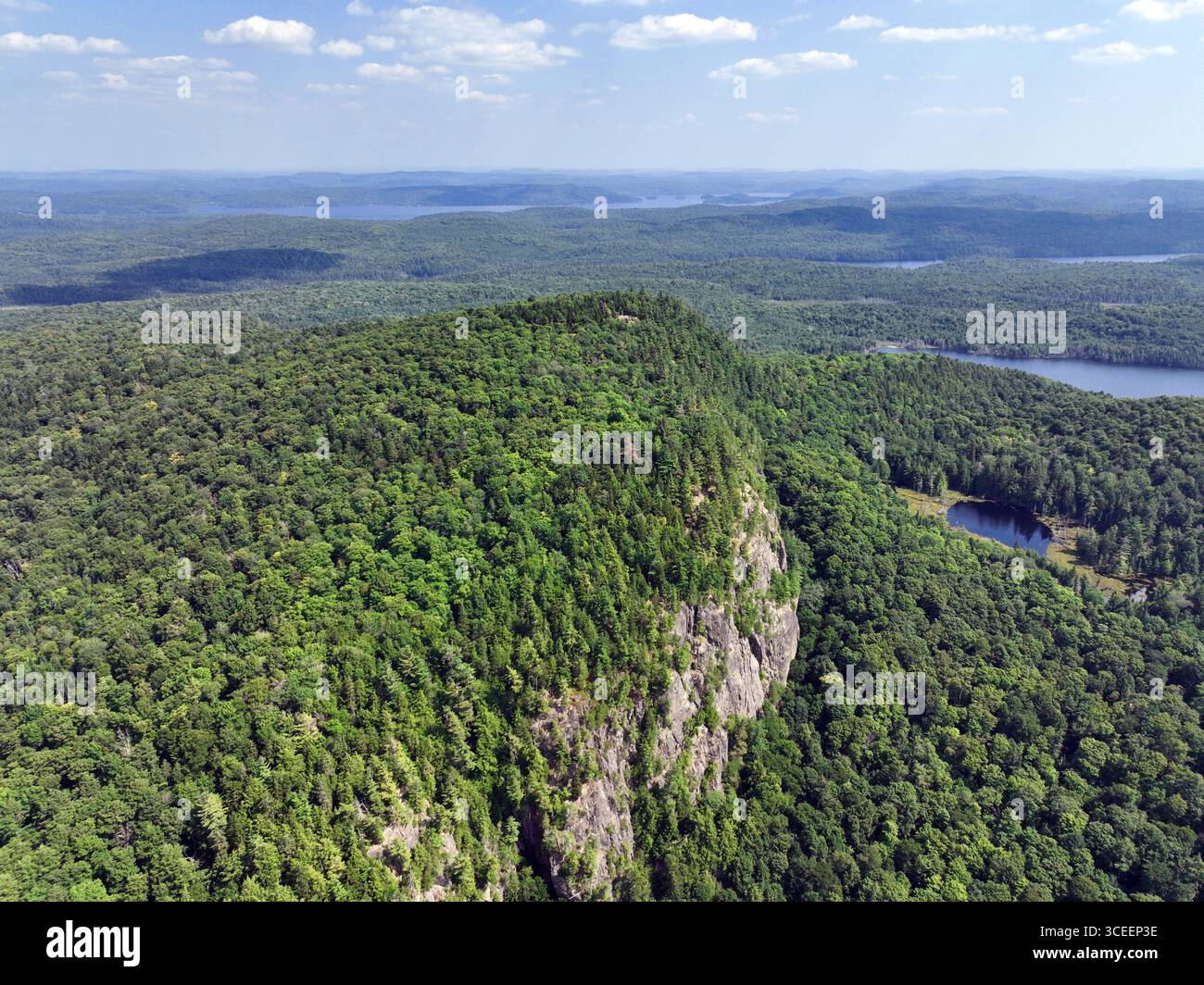 Ripida parete rocciosa che si protende da un paesaggio densamente boscoso con laghi e colline ondulate in lontananza sotto un cielo blu Foto Stock