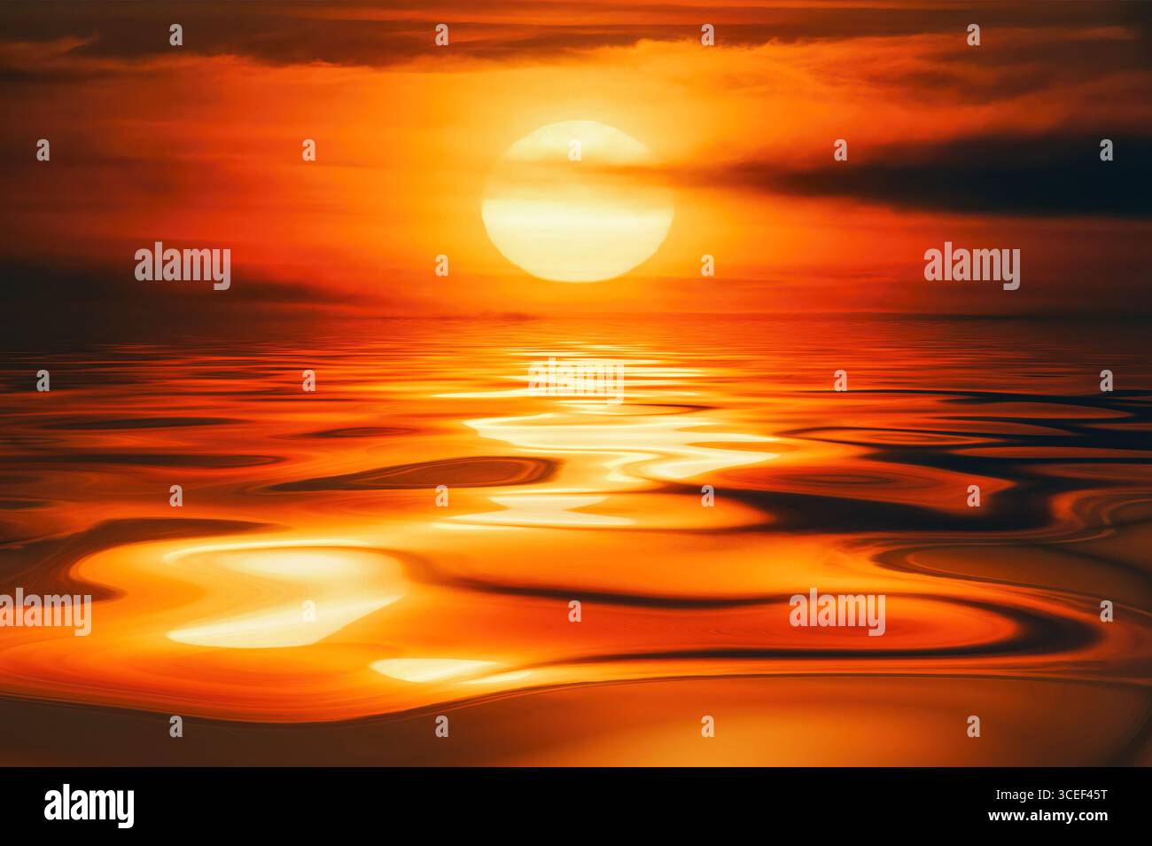 L'alba o il tramonto vibranti proiettano colori caldi sull'acqua calmo, creando brillanti riflessi dorati Foto Stock