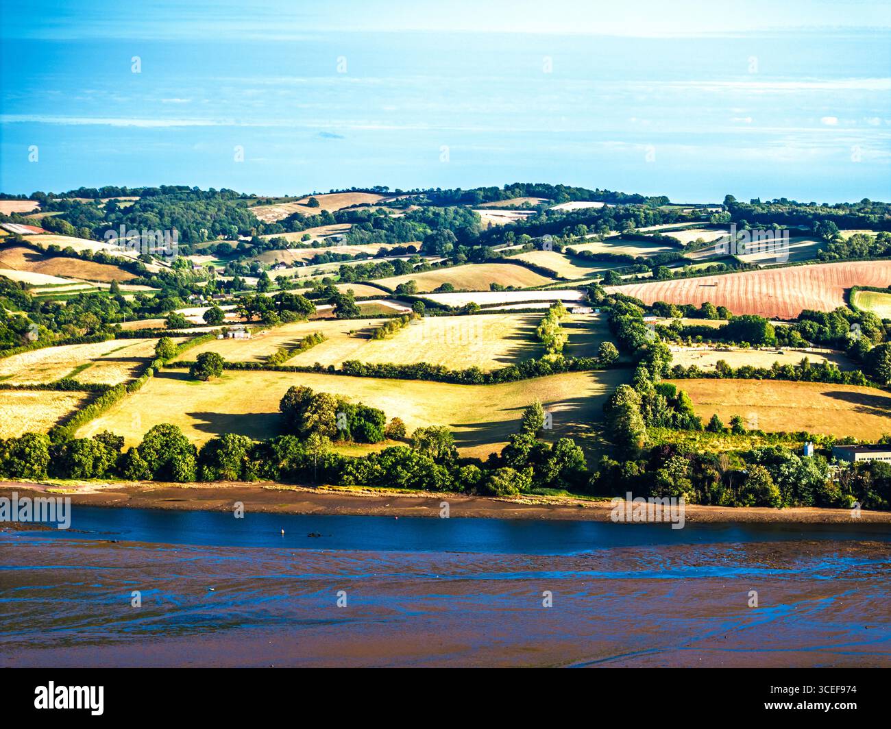 Fattorie e campi sul fiume Teign e Teignmouth Road dal drone, Newton Abbot, Devon, Inghilterra Foto Stock