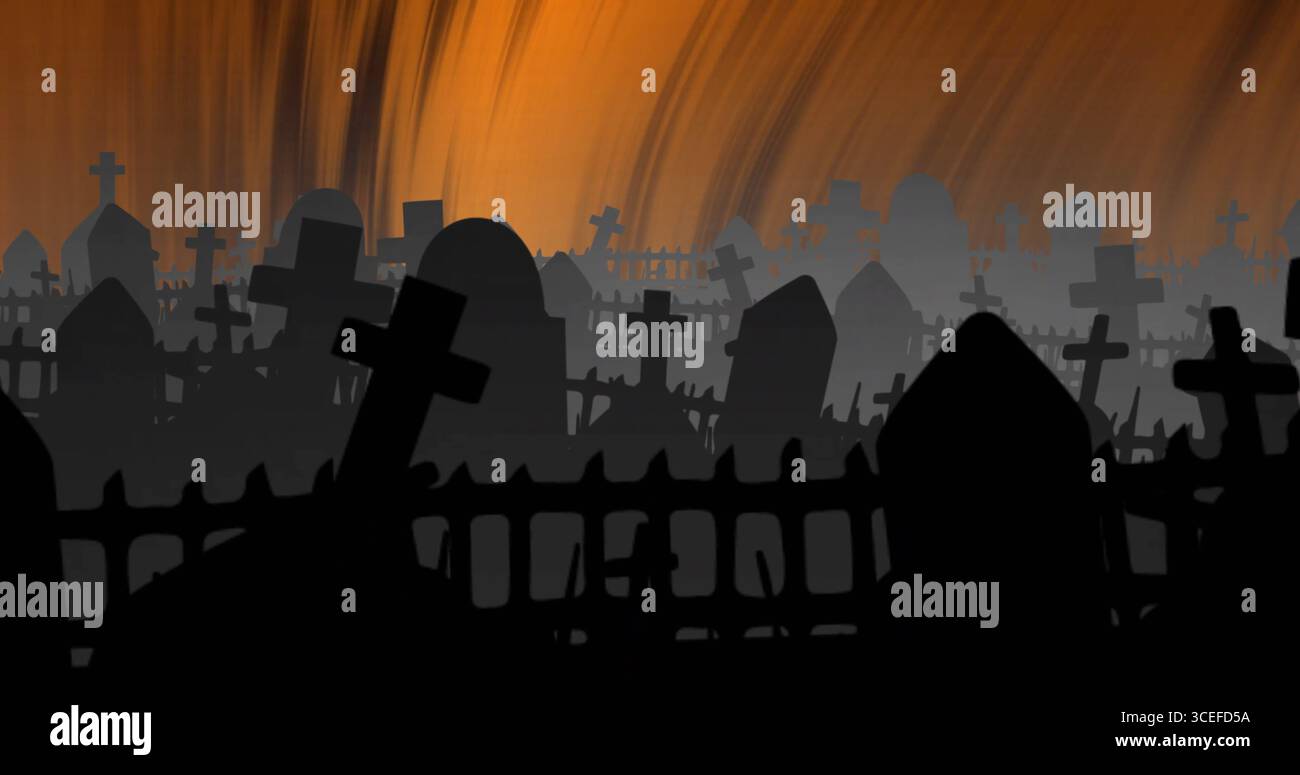 Immagine del cimitero su forme arancioni su sfondo nero Foto Stock