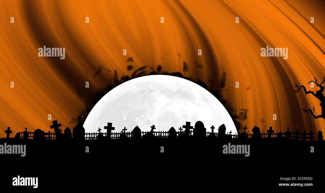 Immagine di forme e cimitero con luna su sfondo nero Foto Stock