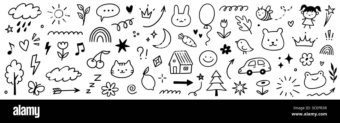 Carino set di icone per bambini. Colorato disegna graziosi fiori, cuore ed elementi arcobaleno. Icona del bambino, della luna e degli animali disegnata a mano con matita pastello. Design estivo infantile con texture scolastica. Illustrazione vettoriale Illustrazione Vettoriale