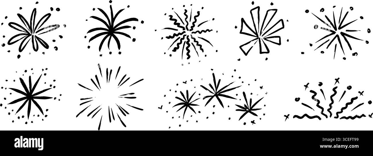 Set di fuochi d'artificio disegnati a mano Collezione di elementi pirecracker con spiedini a pastello. Bozzetti pastello neri di esplosione, scintille, luci a stella. Adesivi scintillanti disegnati al carbone vettoriale per compleanni e feste Illustrazione Vettoriale